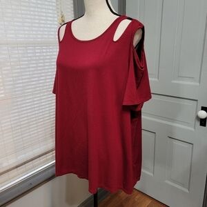 Avenue Soft Cold Shoulder Cutout Red Swing Tee